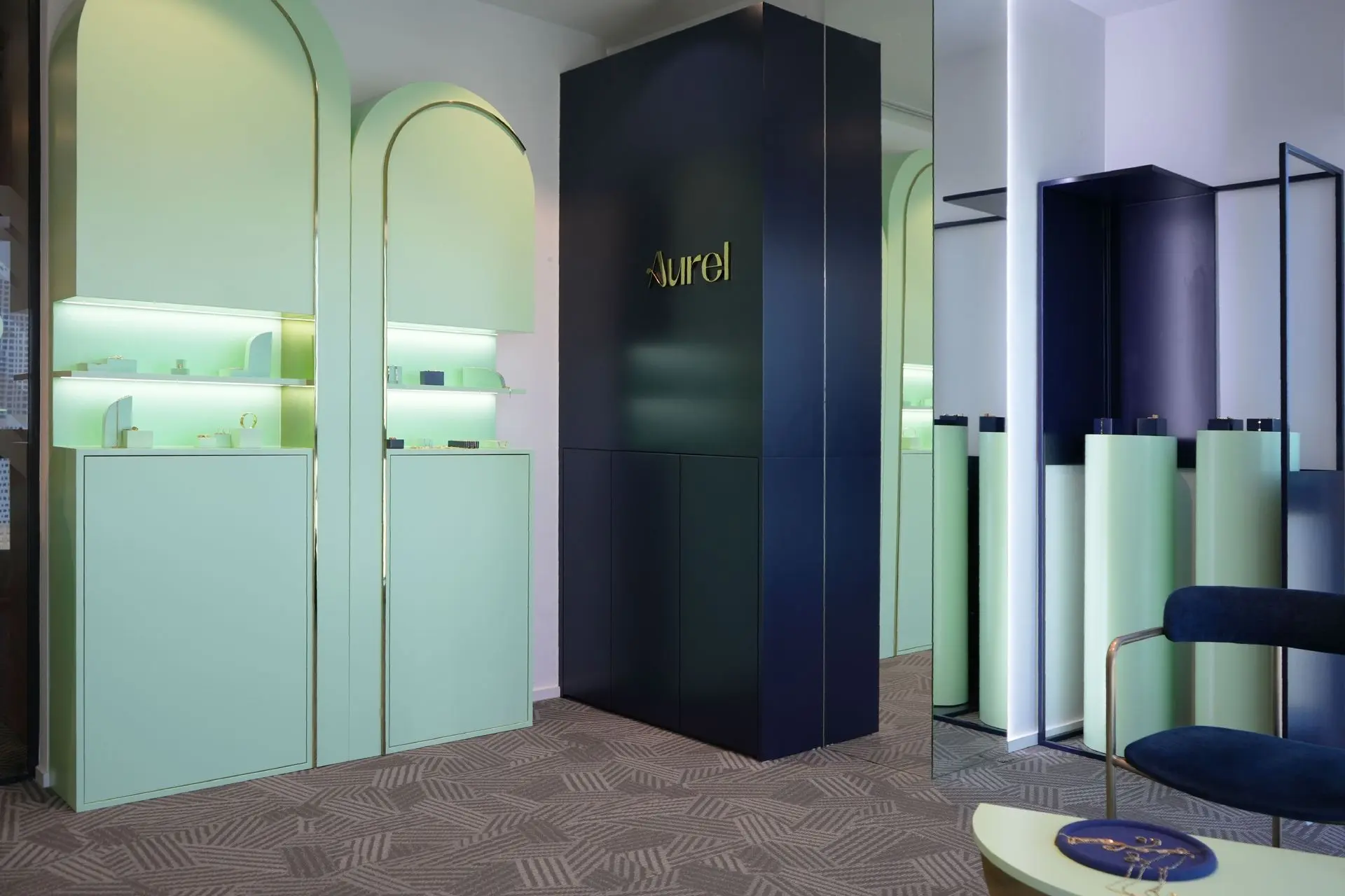 alt=&#34;Artistic corner interior with patterned flooring and arches&#34;