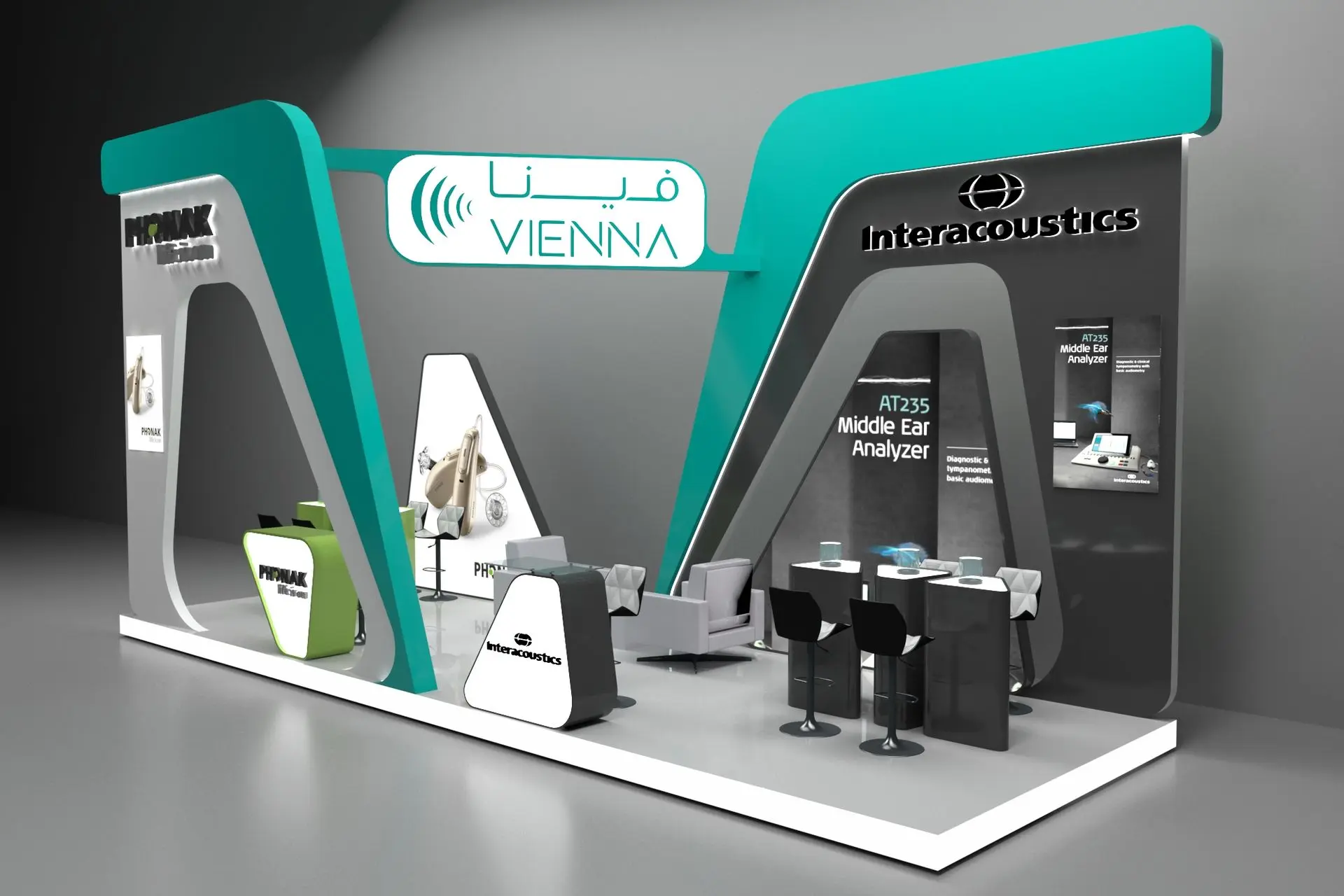 alt=&#34;Modern angular booth design with LED lighting and product displays&#34;