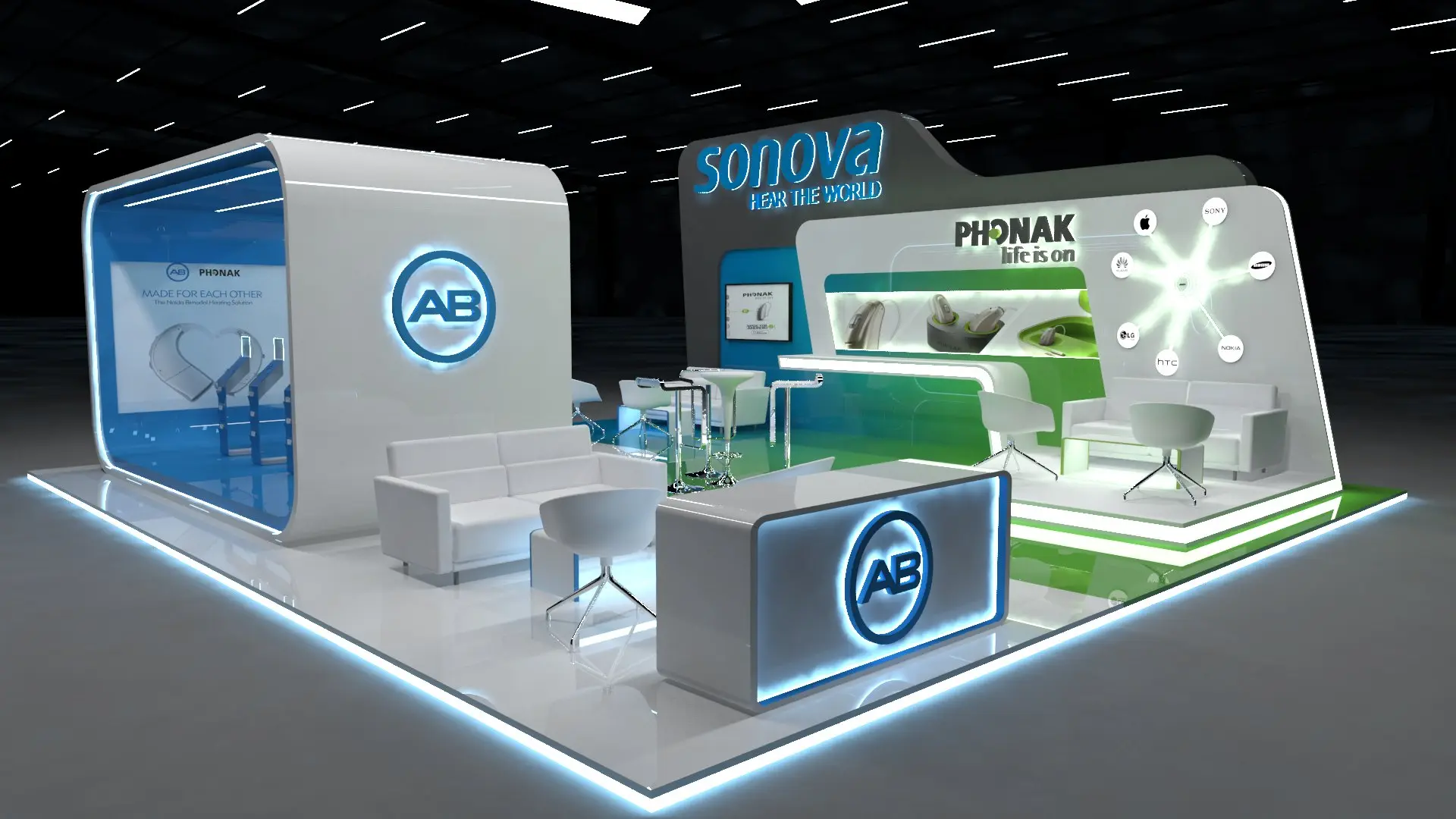 alt=&#34;Modern angular booth design with LED lighting and product displays&#34;