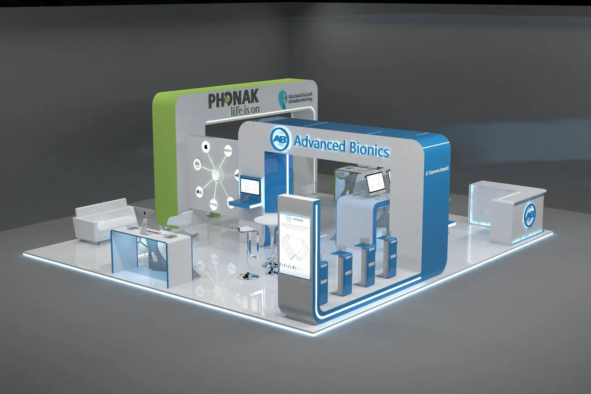 alt=&#34;Modern angular booth design with LED lighting and product displays&#34;