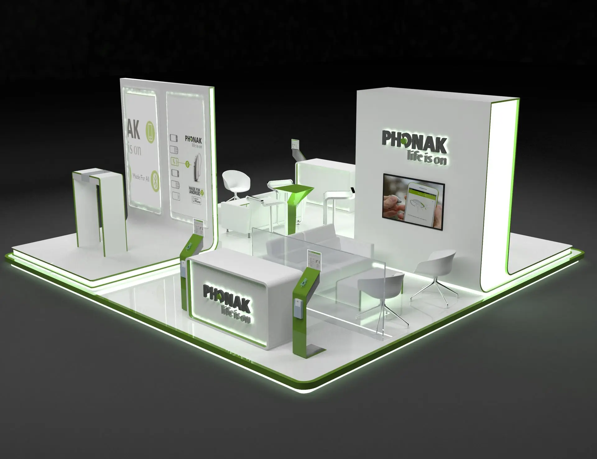 alt=&#34;Modern angular booth design with LED lighting and product displays&#34;