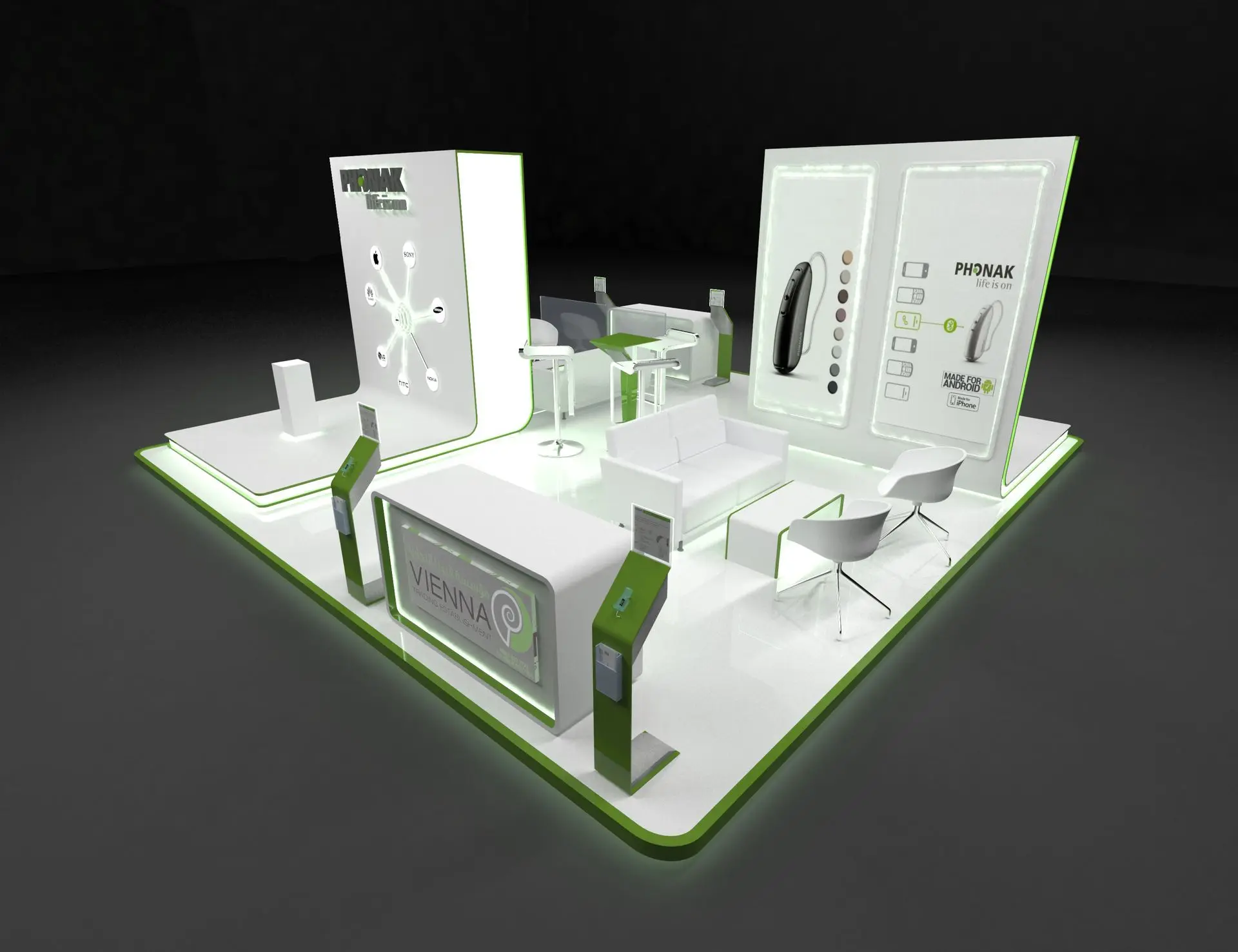 alt=&#34;Modern angular booth design with LED lighting and product displays&#34;