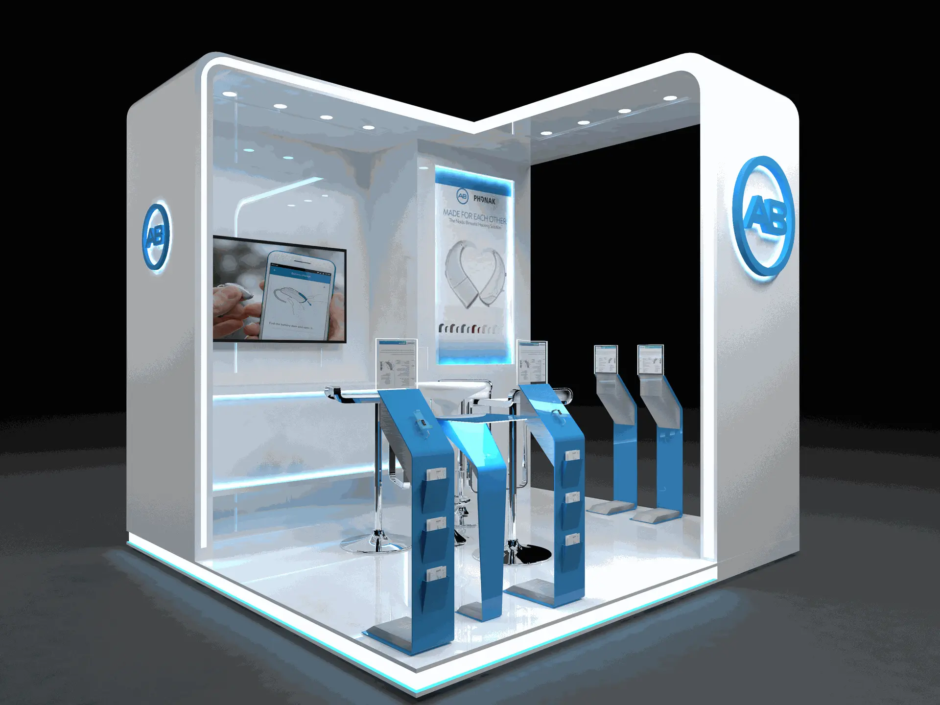 alt=&#34;Modern angular booth design with LED lighting and product displays&#34;