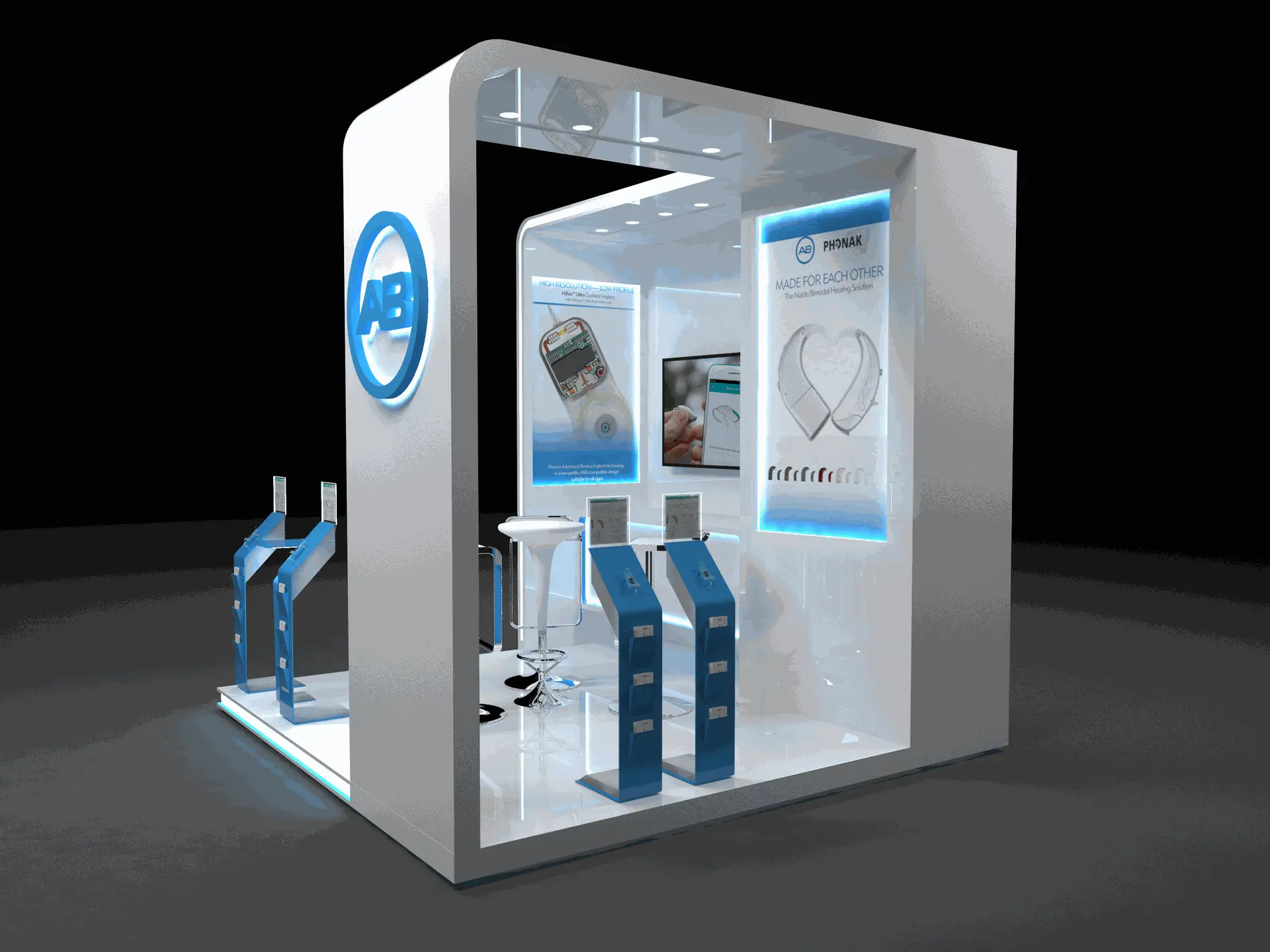 alt=&#34;Modern angular booth design with LED lighting and product displays&#34;