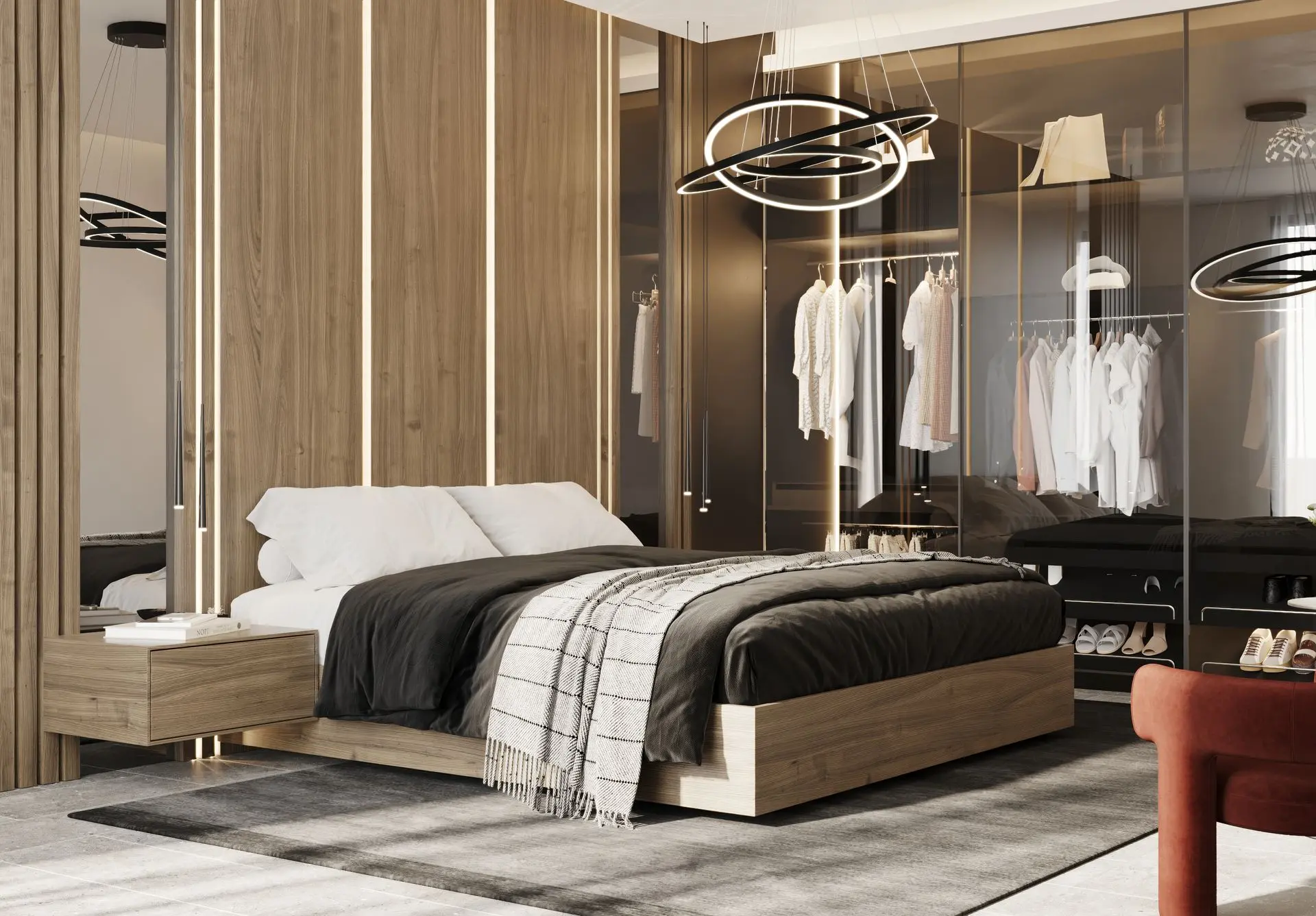 alt=&#34;Contemporary bedroom with rug and pendant lights&#34;