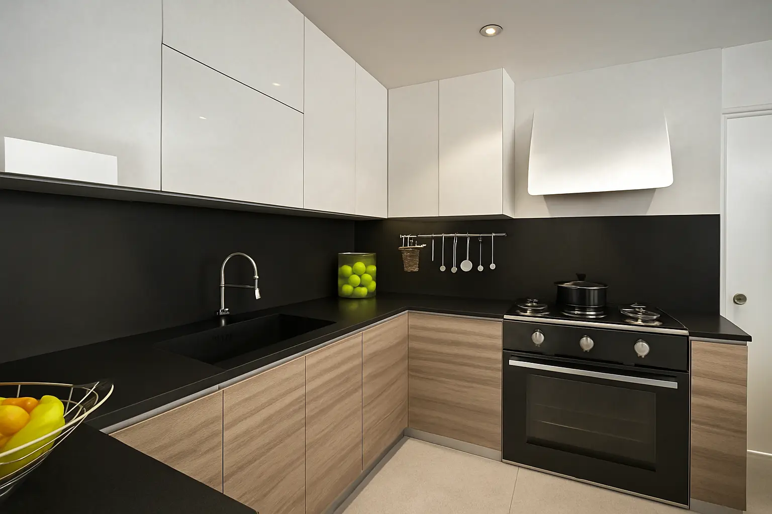 alt=&#34;Contemporary Kitchen with black and wood