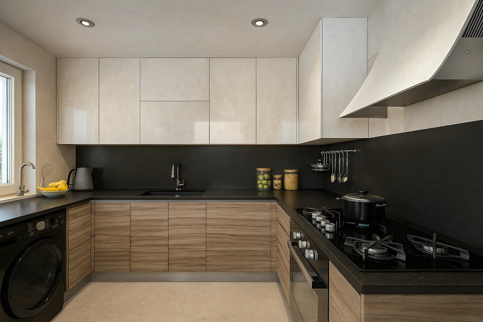 alt=&#34;Contemporary Kitchen with black and wood